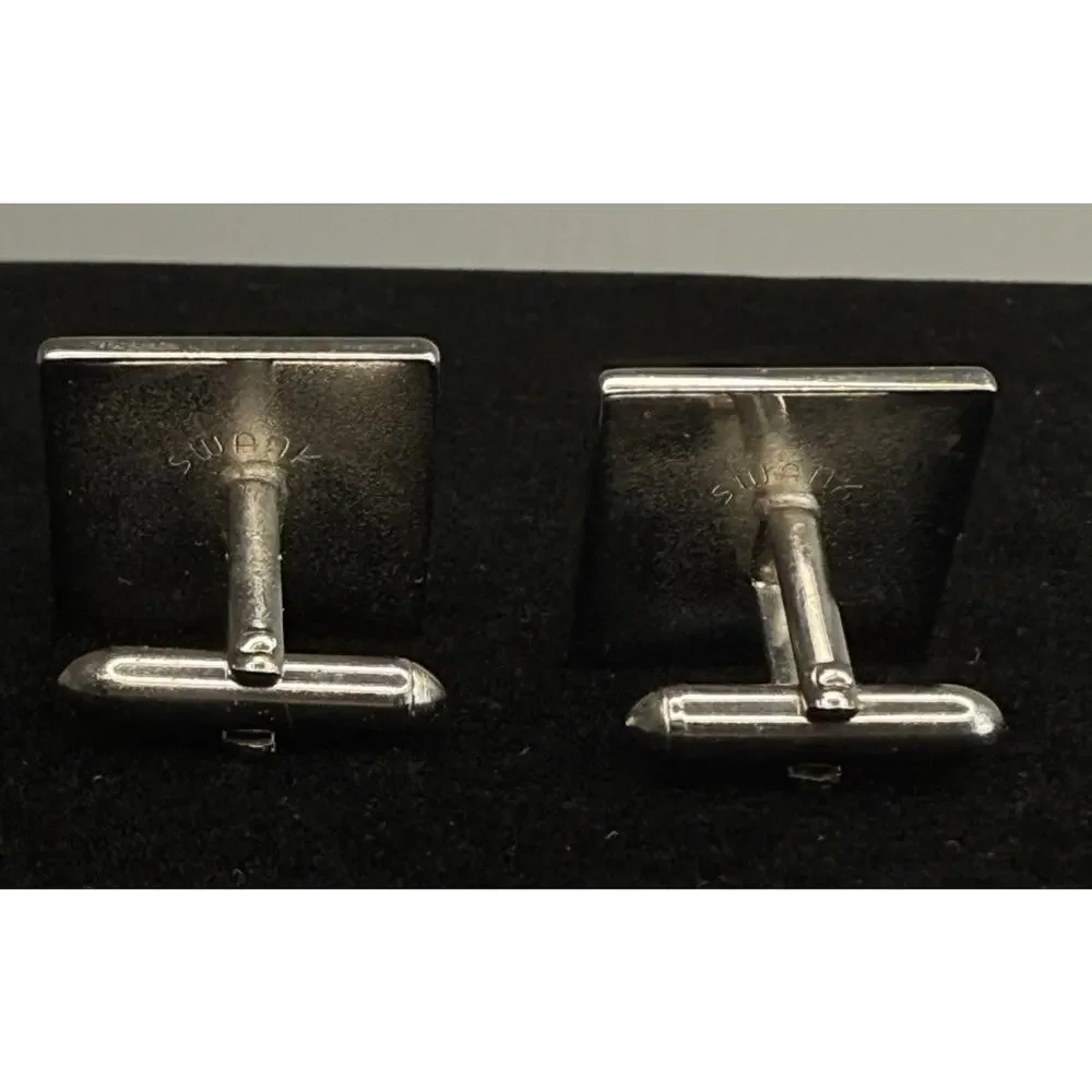Vtg Swank Silver Toned Cufflinks Dragon Mythological Black Enamel Mother Pearl